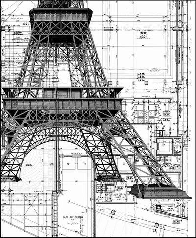 Айфеловата кула на фона на архитектурен чертеж